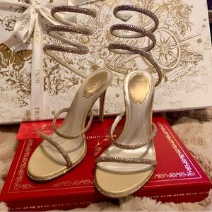 ⭐️Rene Caovilla Heels CLEO GOLD Beige Sz 37 7B Crystal 105MM Snake Sandal $1370